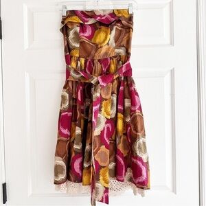 BCBGMaxazria Women Strapless Back Zip Tie-Waist Printed Cotton Lace Midi Dress 6